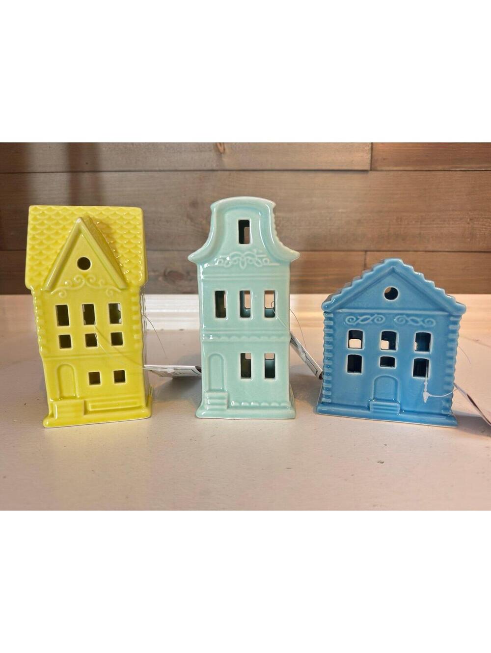 Target Bullseye - Set of 3 Ceramic LED Light-Up Houses – Yellow, Blue & Green